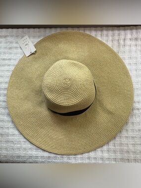 a new day Natural Straw Wide-Brim Sun Hat with Black Band